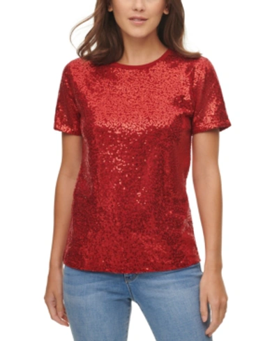 Shop Dkny Sequin-detail Top In Holiday Red