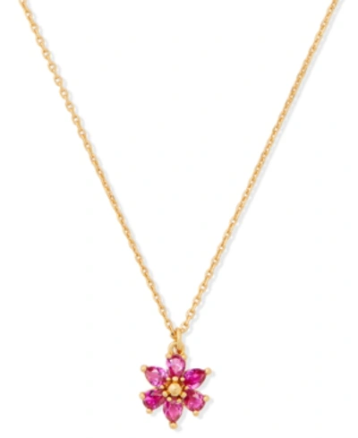 Shop Kate Spade Gold-tone Cubic Zirconia Flower Mini Pendant Necklace, 16" + 3" Extender In Pink