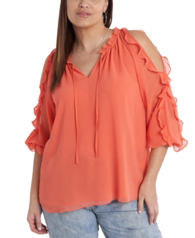 Shop 1.state Trendy Plus Size Ruffled Cold-shoulder Top In Papaya