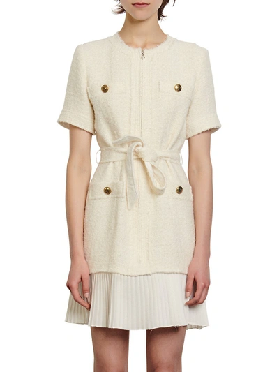 Shop Sandro Women's Joana Tweed Pleated Hem Dress In Ecru