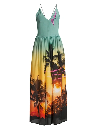 Shop Balmain Palm Tree Printed Maxi Dress In Blue