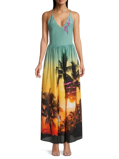 Shop Balmain Palm Tree Printed Maxi Dress In Blue