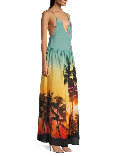 Shop Balmain Palm Tree Printed Maxi Dress In Blue