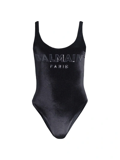 Shop Balmain Olimpionic Logo One-piece Swimsuit In Black