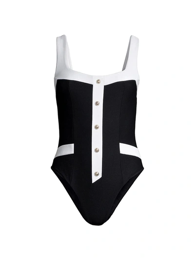 Shop Balmain Contrast Button One-piece Swimsuit In White Black