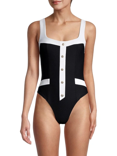 Shop Balmain Contrast Button One-piece Swimsuit In White Black