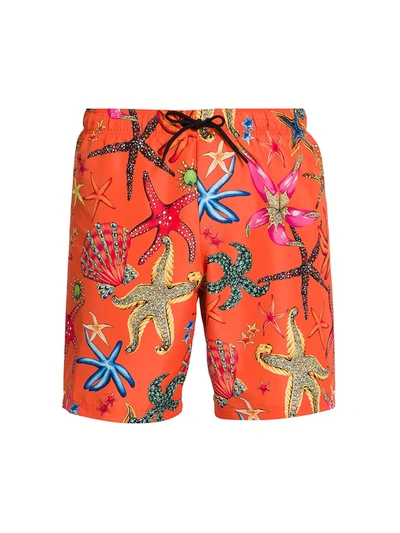 Shop Versace Men's Trésor De La Mer Swim Trunks In Orange Multicolor