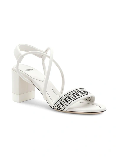 Shop Fendi Raffia Strap Leather Block-heel Sandals In Bianco