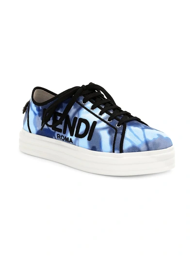 Shop Fendi Women's Embroidered Tie-dye Canvas Platform Sneakers In Blue