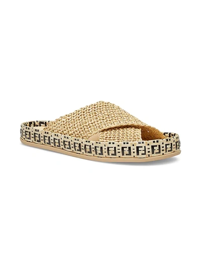 Shop Fendi Reflection Crisscross Slide Sandals In Beige