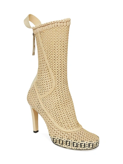 Shop Fendi Woven Raffia Mid-calf Boots In Natural