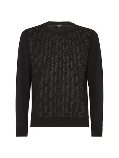 Shop Fendi Men's Logo Rain Knit Crewneck Sweater In Black