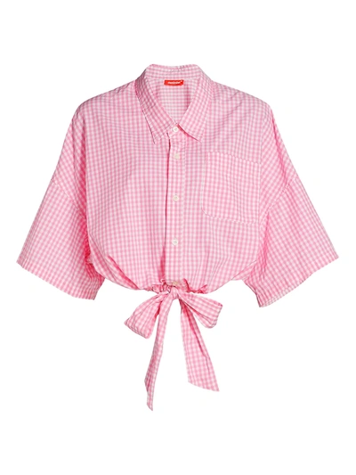 Shop Denimist Front-tie Short-sleeve Cropped Shirt In Pink Gingham