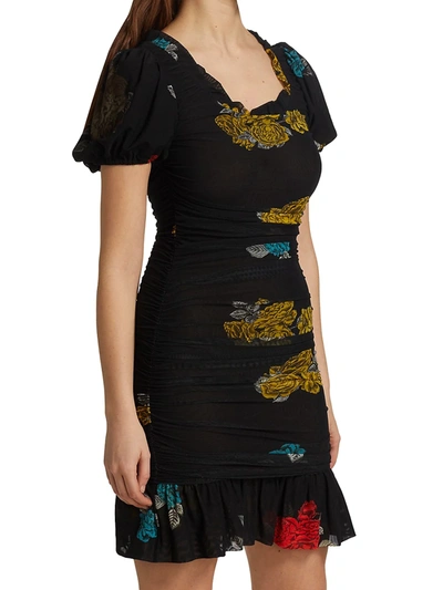 Shop Ganni Printed Mesh Puff-sleeve Mini Dress In Black