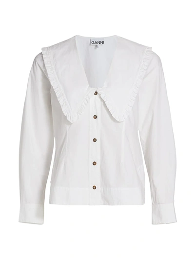 Shop Ganni Women's Wide Ruffle-trimmed Collar Cotton Poplin Shirt In Bright White