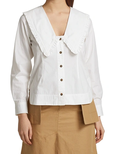 Shop Ganni Women's Wide Ruffle-trimmed Collar Cotton Poplin Shirt In Bright White