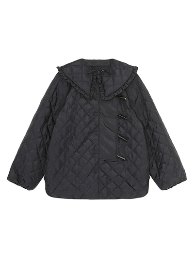 Shop Ganni Wide Ruffled-collar Quilted Ripstop Jacket In Black