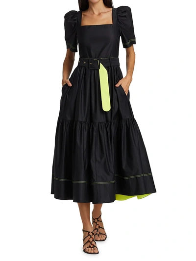 Tanya Taylor Delilah Short Puff-sleeve Dress In Black Neon Yellow | ModeSens
