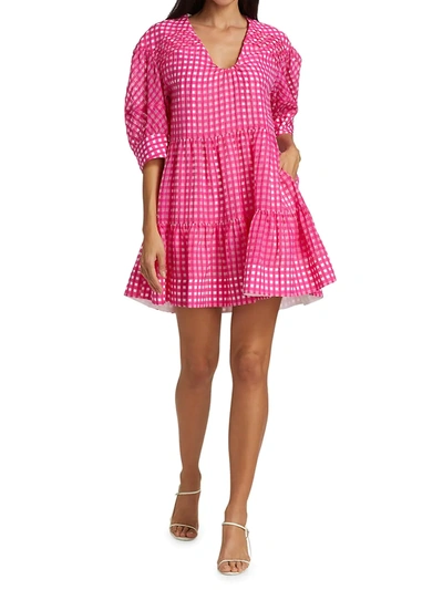 Shop Tanya Taylor Cayla Grid Mini Dress In Fuchsia Transparent