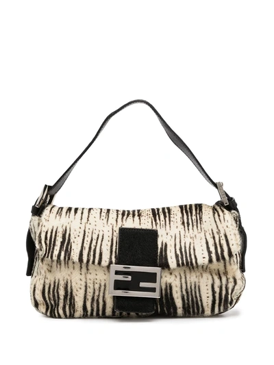 Pre-owned Fendi Animal Print Baguette Shoulder Bag In White