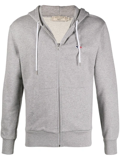 Shop Maison Kitsuné Logo-embroidered Zip-up Hoodie In Grey