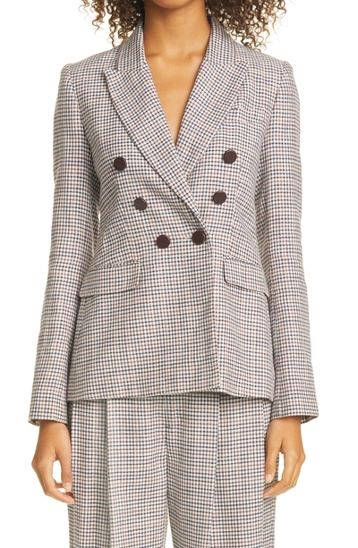 Shop Adam Lippes Plaid Double Breasted Silk, Linen & Wool Blazer In Plum / Navy Check
