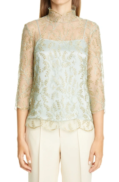 Shop Adam Lippes Layered Chantilly Lace Blouse In Pistachio