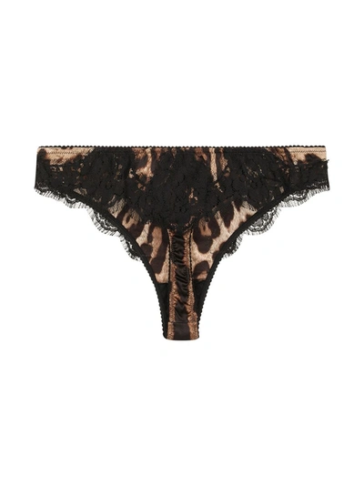 Shop Dolce & Gabbana Leopard-print Lace-trim Thong In Brown