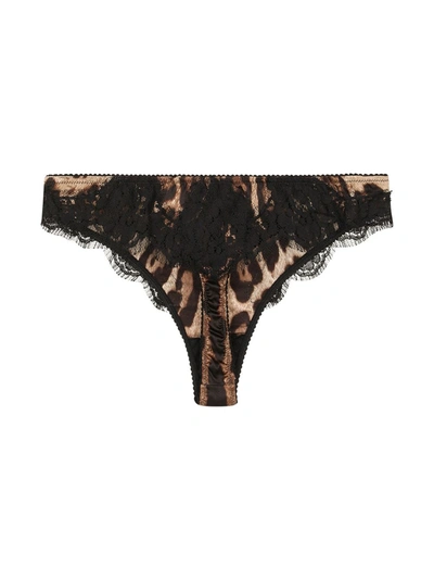Dolce & Gabbana Leopard-print Satin Thong With Lace Detailing In Brown