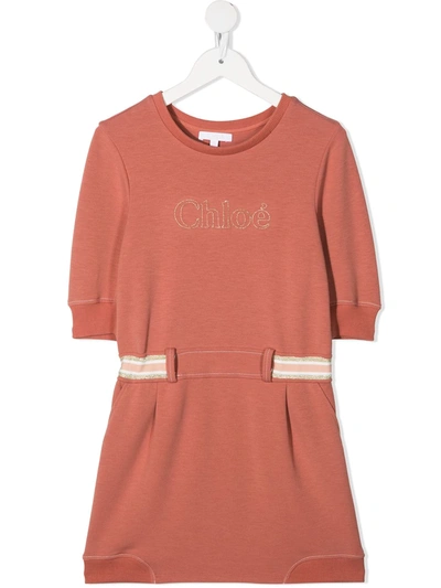Shop Chloé Embroidered-logo Side-stripe Dress In Pink
