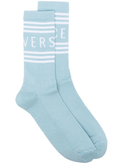 Shop Versace Logo-embellished Socks In Blue