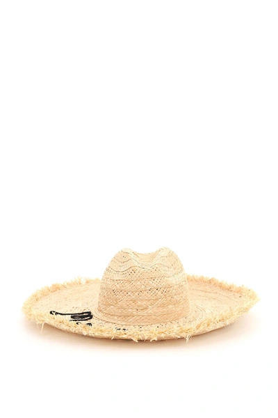 Shop Miu Miu Straw Hat With Logo In Naturale Nero (beige)