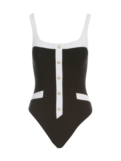 Shop Balmain Swimsuit W/buttons In Black White