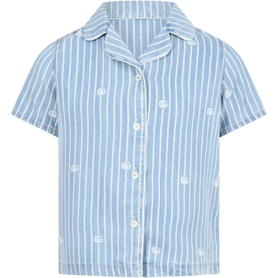 Shop Gucci Multicolor Shirt For Boy With Double Gg In Light Blue