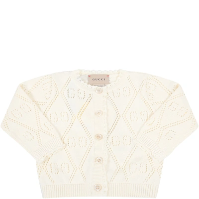 Shop Gucci Ivory Cardigan For Babygirl With Double Gg In White