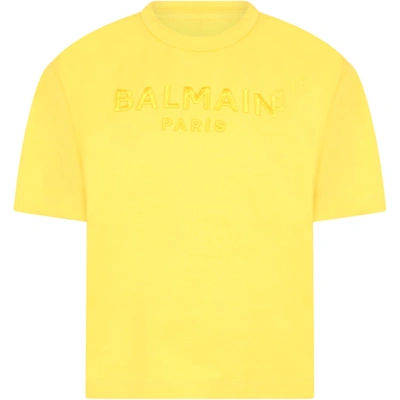 Shop Balmain Yellow T-shirt For Kids With Logo