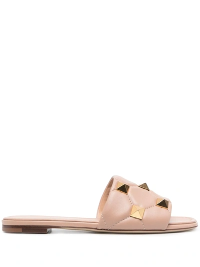 Shop Valentino Rockstud Quilted Flat Sandals In Pink