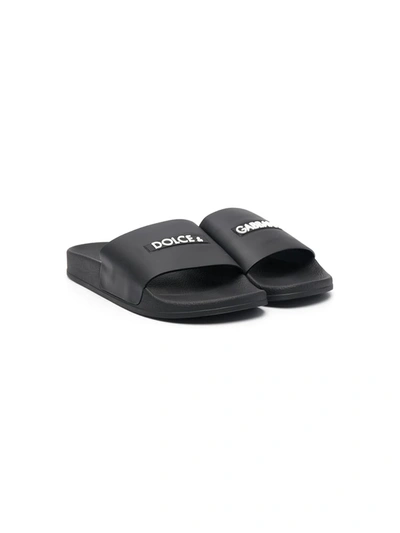 Shop Dolce & Gabbana Teen Logo-patch Slide Sandals In Black