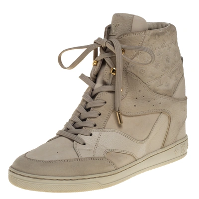 Pre-owned Louis Vuitton Beige Embossed Monogram Suede And Leather Millenium  Wedge Sneakers Size 39