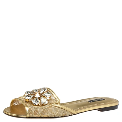 Pre-owned Dolce & Gabbana Dolce And Gabbana Gold Lace And Leather Crystal Embellished Bianca Flat Slides Size 38.5