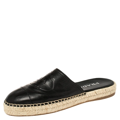 Pre-owned Prada Black Leather Logo Embossed Espadrille Flat Slides Size 37