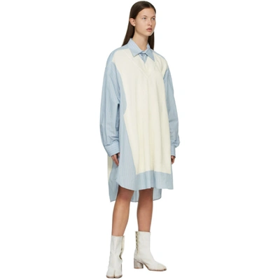 Shop Maison Margiela Blue & Off-white Spliced Knit Shirt Dress In 001f Ltsky