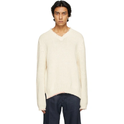 Shop Maison Margiela Off-white Distressed V-neck Sweater In 102f Ecru