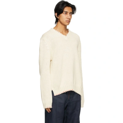 Shop Maison Margiela Off-white Distressed V-neck Sweater In 102f Ecru