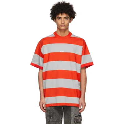 Shop Msgm Red & Grey Striped Logo T-shirt In 18 Red/grey