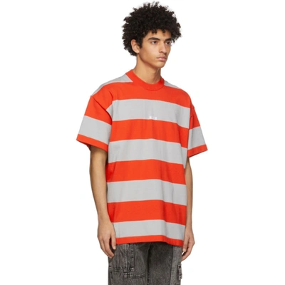 Shop Msgm Red & Grey Striped Logo T-shirt In 18 Red/grey