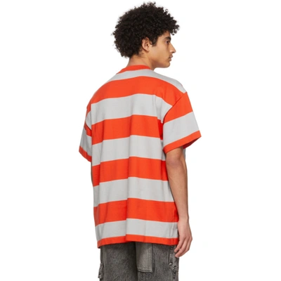 Shop Msgm Red & Grey Striped Logo T-shirt In 18 Red/grey