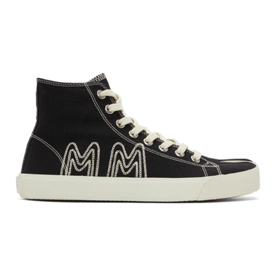 Shop Maison Margiela Black & Off-white Canvas Embroidered Tabi High-top Sneakers In H8650 Black