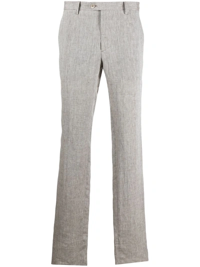 Shop Etro Pressed Crease Linen Trousers In Grey
