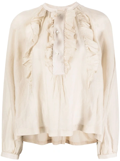 Shop Semicouture Ruffle Front Blouse In Neutrals